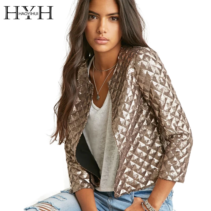 HYH HAOYIHUI 2016 Brand New Spring Style Vogue Lozenge Women Gold Sequins Jackets Three quater sleeve Fashion Coats Outwears