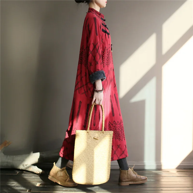 Китайское красное осеннее Новое Женское винтажное платье флис теплый халат подставка жаккардовые с длинным рукавом Свободные оригинальные женские зимние платья