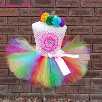 

Children Girls Rainbow Tutu Dress With Headband Above Knee Girl Birthday Party Dress Kids Tulle Dress Easter Halloween Costumes