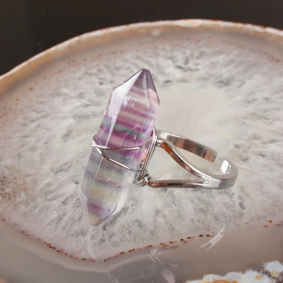 New Fluorite Purple Crysta Rose Pink Quartz Opal Clear Crystal Howlite Stone Onyx Bicone Bead Faceted Steel Wire Winding  Ring 3