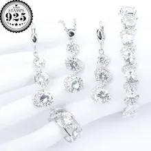 Свадебные Серебряные Ювелирные наборы 925 из белого циркония, женские браслеты, серьги, кольца с камнями, кулон и ожерелье, подарочная коробка
