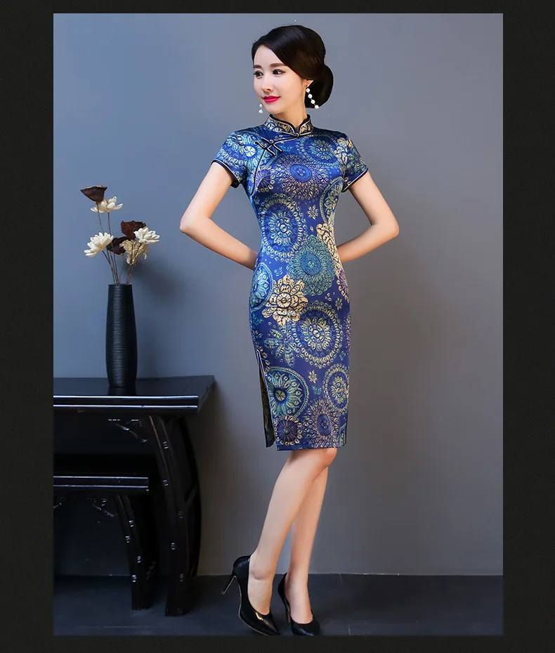 MS синий Cheongsam для женщин пожилого возраста улучшилось платье Qipao Китайский стиль восстановление древних способов шелк Cheongsam