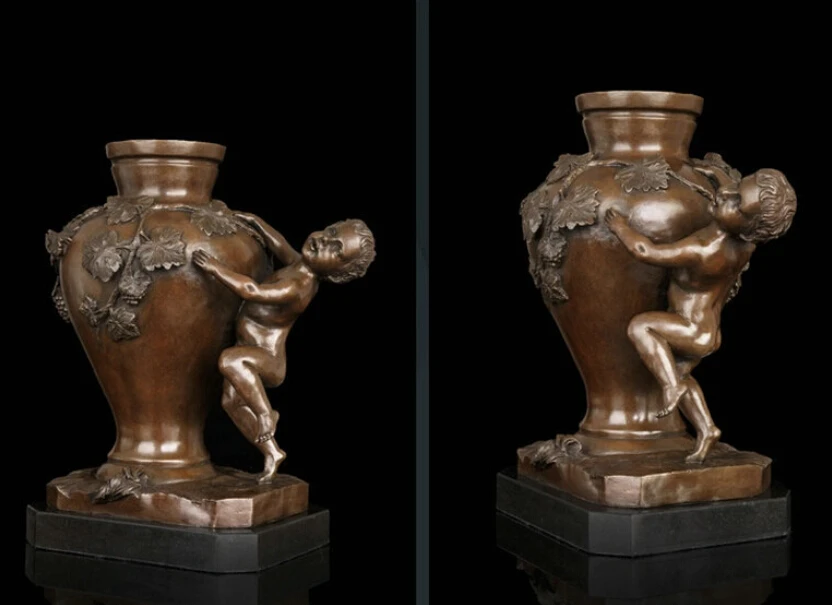 

Art Deco Sculpture Flower Vase Grape With Naked Boy Bronze Statue R0713