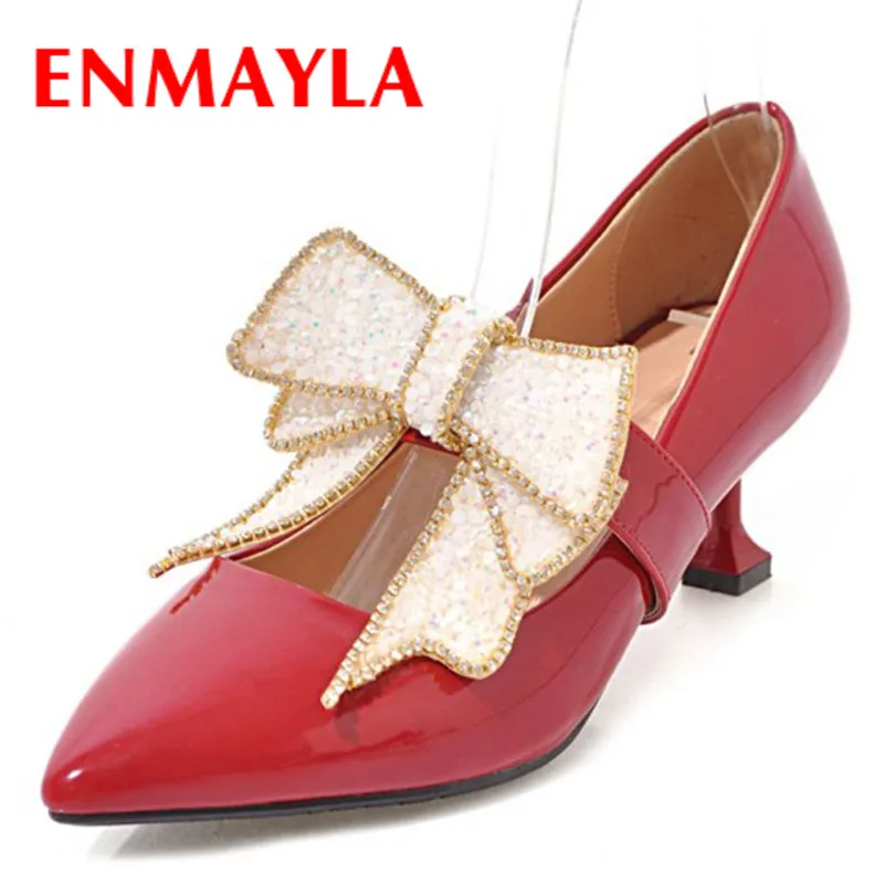 

ENMAYLA Sweet Crystal Pumps Shoes Woman High Heels Pointed Toe Bowties Charms Black Red White Shoes Plus Size 34-43 Party