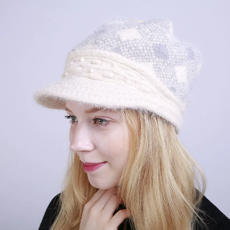 Модные женские шапки, Осень-зима, сохраняющие тепло, вязанная шапка, разноцветная шерстяная плюс бархатная вязанная шапка с жемчугом для женщин