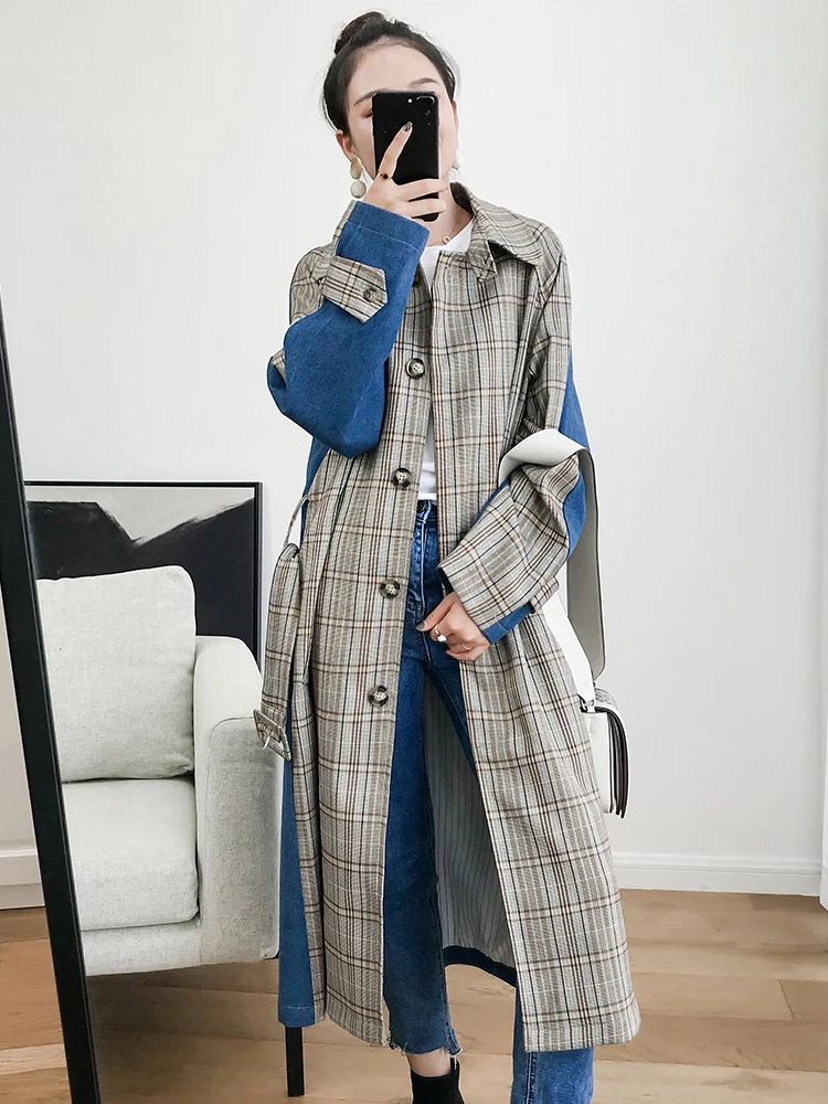 

Female Trench Coat 2019 New Spring Faux Two Piece Denim Patchwork Plaid Medium-long Windbreaker Ultra Long Women Trench Coat