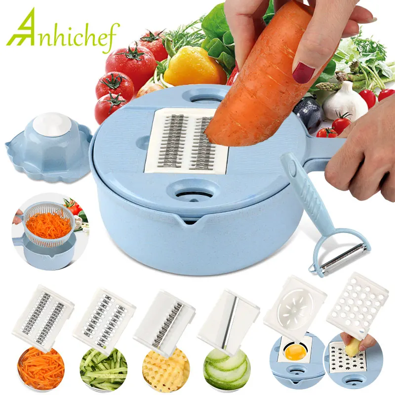 

Mandoline Slicer Vegetable Cutter Potato Peeler Carrot Cheese Grater with Strainer Vegetable Slicer 8 in 1 Kitchen Accessories