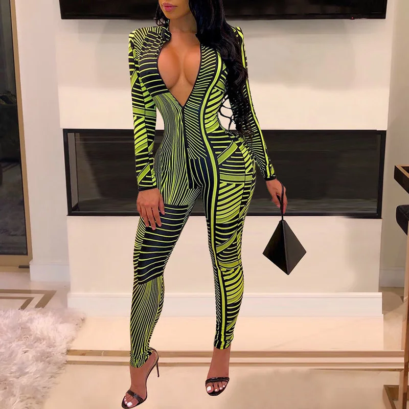 

Zipper design jumpsuit for women 2019 Striped print long sleeve rompers womens jumpsuit Autumn 2019 streetwear Overalls femme