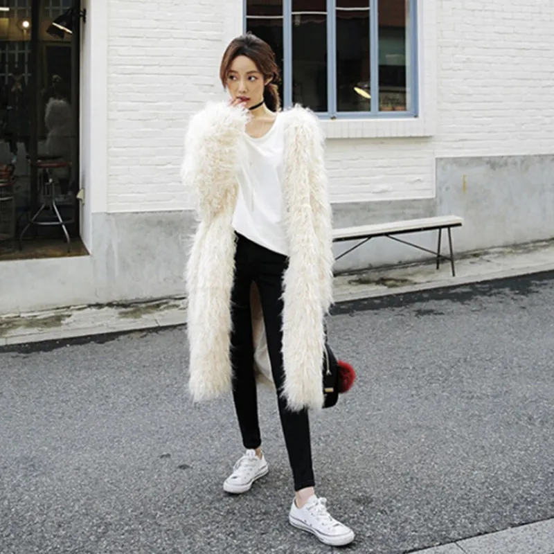 

Stylish 4 inches Long Hairy Shaggy Faux Sheep Fur Coat Long sleeve Long Outwear Woman Winter keep Warm Mid long Coat