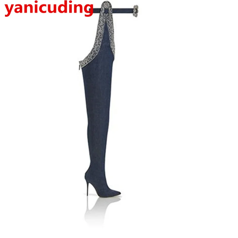 

yanicuding Women Winter Boots Over The Knee Long Booties Blue Color High Thin Heel Shoe Women Adult Sexy Star Shoes Luxury Brand