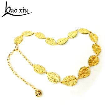 

Women metal Leaf Design Belt Metal Leaves Cummerbund Clasp long chain Waistband Gold Silver Waist Belt Leaves Chain Belt