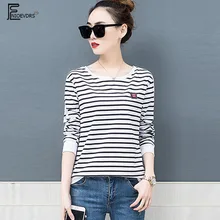 Полосатые футболки для женщин, Новое поступление, дизайнерские футболки с длинным рукавом и круглым вырезом, черные, синие, белые полосатые хлопковые футболки 4XL 3XL 11622