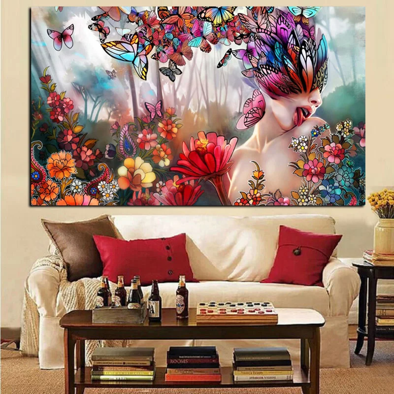 Print Abstract Butterfly Psychedelic Sexy Nude Woman Landscape Oil Painting on Canvas Art Modern Wall Picture for Living Room