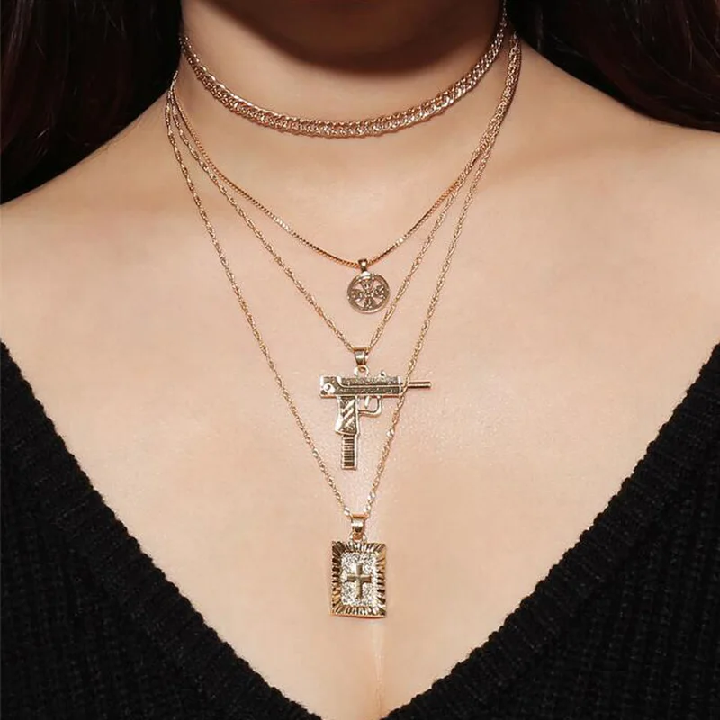 

Anti-war Peace Layered Necklace Gold Silver Chains Collier Femme Carved Cross harajuku Kolye Jewelry Gift for Women Men Dropship