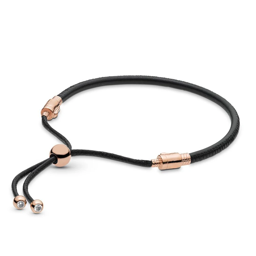

588059cbk Kristie 100% Silver Esterlina 925 2019 Summer Black Leather Bracelet Sliding Women's Beautiful Handkernel Diy