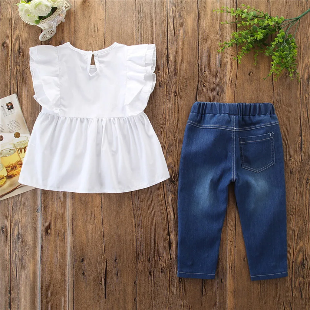 Г. Летняя одежда для маленьких девочек; модная Однотонная футболка без рукавов с оборками; джинсовые штаны с жемчужинами; комплекты для девочек; одежда для детей