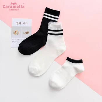 

Caramella 3Pairs/Lot Brand Spring Summer Korean Style Women Socks White Black Knitted Lace Ankle Boat Socks Girls Stripe Hosiery