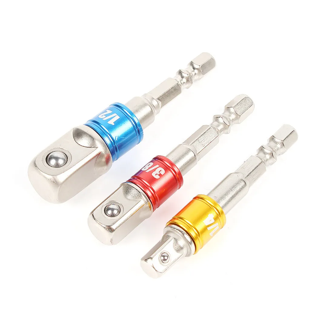 3pcs Drill Socket Adapter for Impact Driver with Hex Shank to Square Socket Drill Bits Bar Extension Set 1/4" 3/8" 1/2 Bit Set