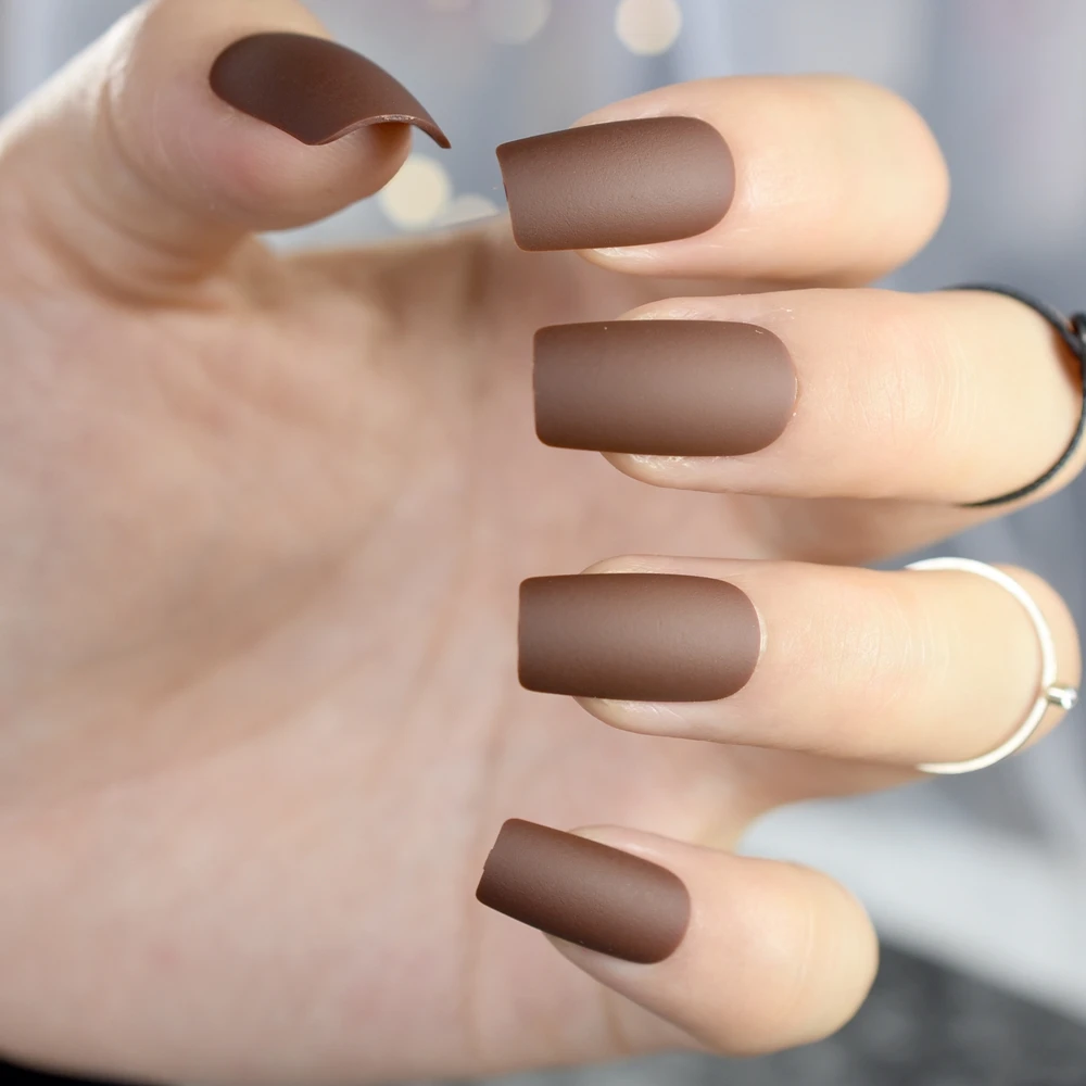 chocolate brown 24 шт., короткие матовые ногти чистого цвета с плоским покрытием, простые накладные ногти для маникюра Z959 - Цвет: chocolate brown