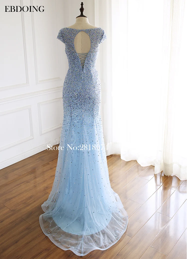 Robe de soiree элегантное Русалочка платья для торжеств с короткими рукавами с вырезом лодочкой светло-голубого цвета Vestidos de festa плюс размер вечернее платье