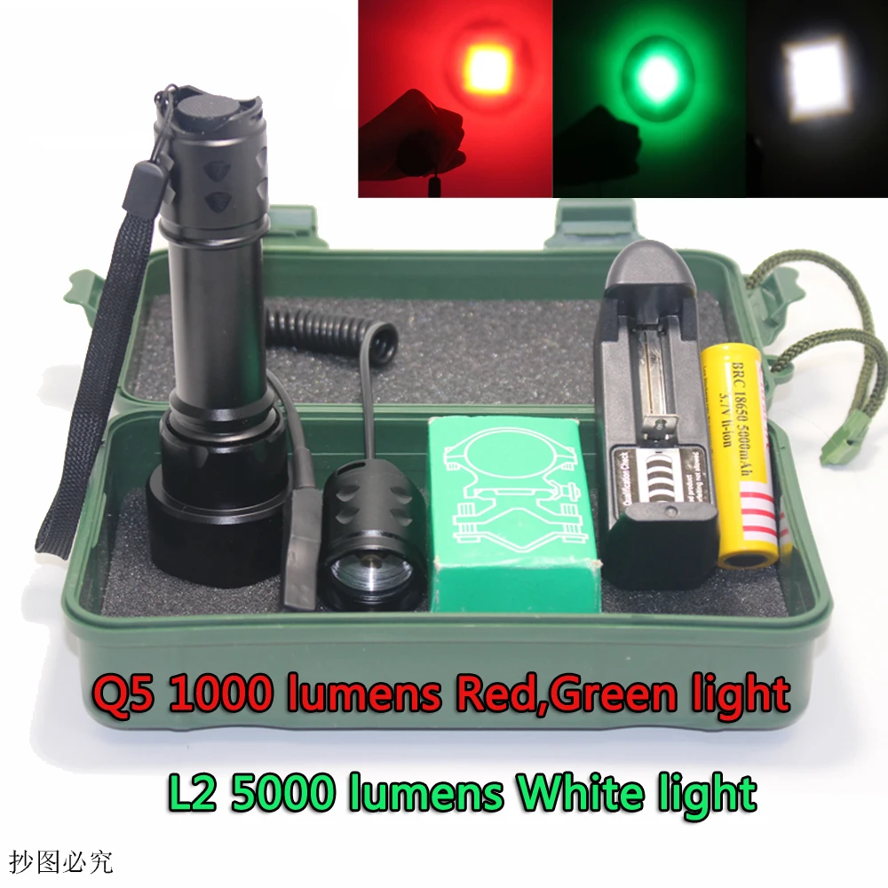 

LED hunting tactical flashlight DZM-T20 XM-L L2 Q5 LED mini flashlight Adjustable zoom Portable flashlight Use red/green/white l