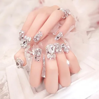 

24 Pcs/Set Fashion Wedding Bride False Nail Tips Shining Rhinestone Women Ladies Fake Nails With Glue Sticker 669