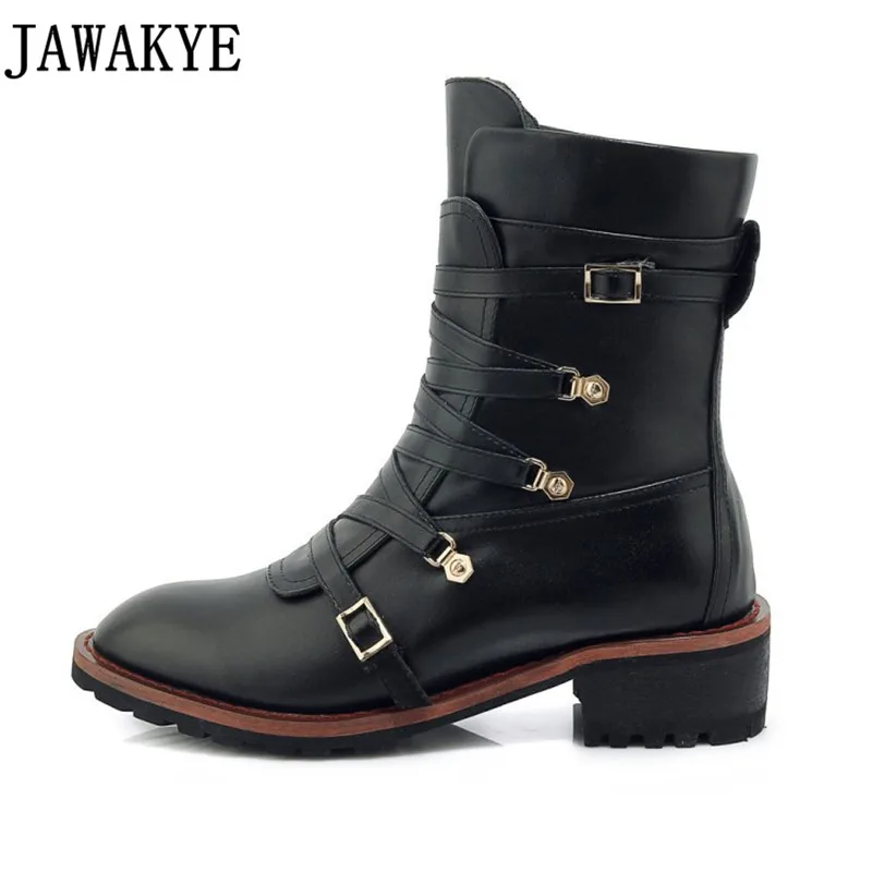 

Genuine leather warm winter shoes low Heel Martin Motorcycle Boots 2018 British Ankle Boots for Women buckled strap snow boots