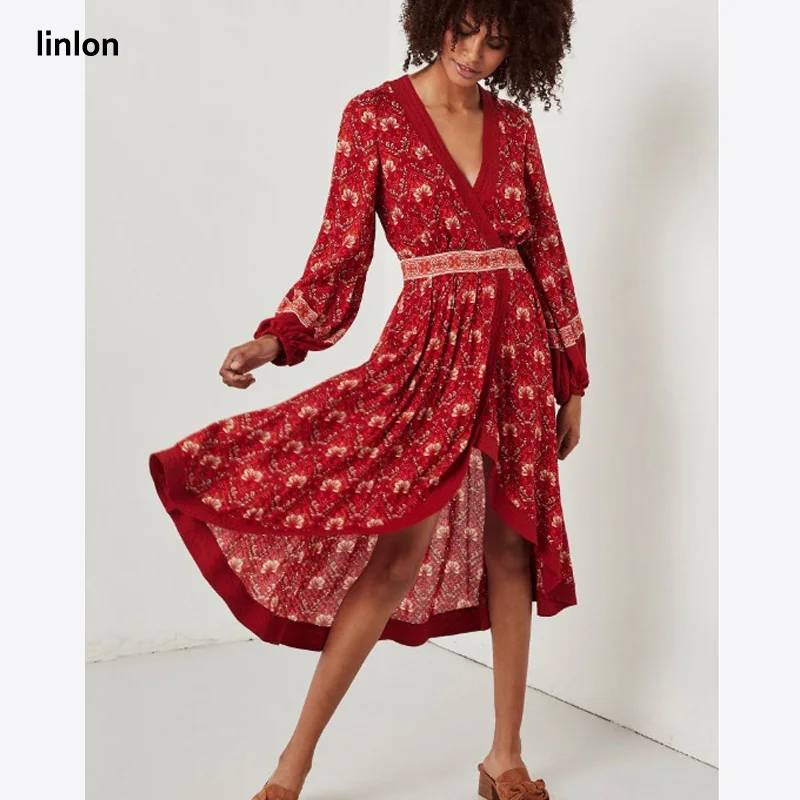 V neck a line dress red print shirts