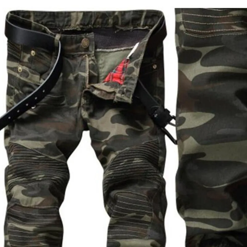 European style 2018 Men's jeans denim trousers, army green jeans camouflage straight Pants Slim jeans, Zippers Biker Jeans Men