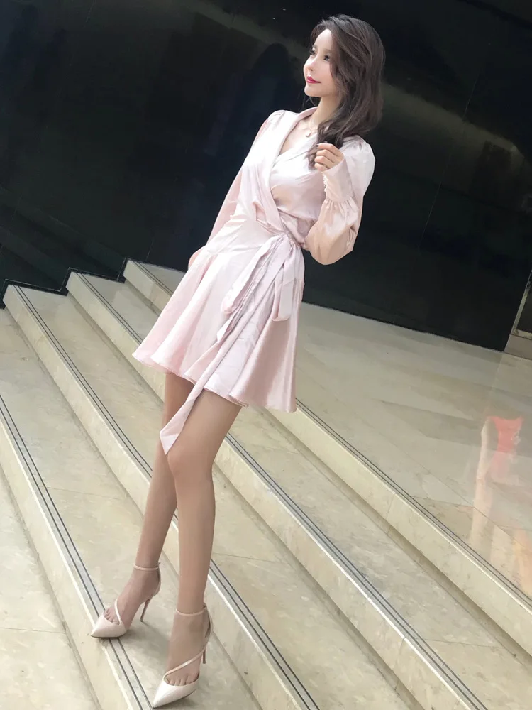 Elegant Silk Satin Dress Women Sexy V Neck Lantern Sleeve Ruffle Sash Mini Wrap Dress Ladies A Line Long Sleeve Dress Vestido