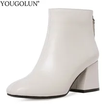 Hoof Heel Genuine Leather Ankle Boots Women Autumn Lady High Heels Shoes A263 Fashion Woman Black Beige Square Toe Zipper Boots цена Hoof Heel Genuine Leather Ankle Boots Women Autumn Lady High Heels Shoes A263 Fashion Woman Black Beige Square Toe Zipper Boots цены онлайн