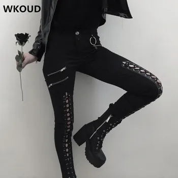 

WKOUD Women Bandage Zip Streetpants Fashion Patchwork Pencil Pants Casual Hiphop Pants Black Sweatpants Sexy Trousers P9013
