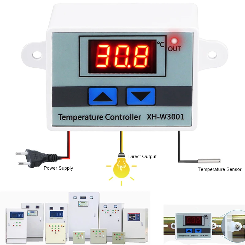 

10A 12V 24V 220VAC Digital LED Temperature Controller XH-W3001 For Incubator Cooling Heating Switch Thermostat NTC Sensor