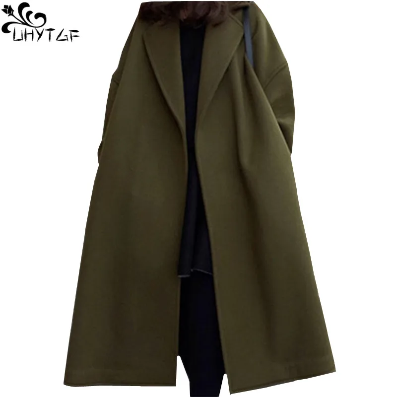 

UHYTGF Winter Korean Women's Woolen Coat 2018 Plus size long Wool Coats Autumn Fashion Bat Sleeve Loose Elegant Woman Coats 364