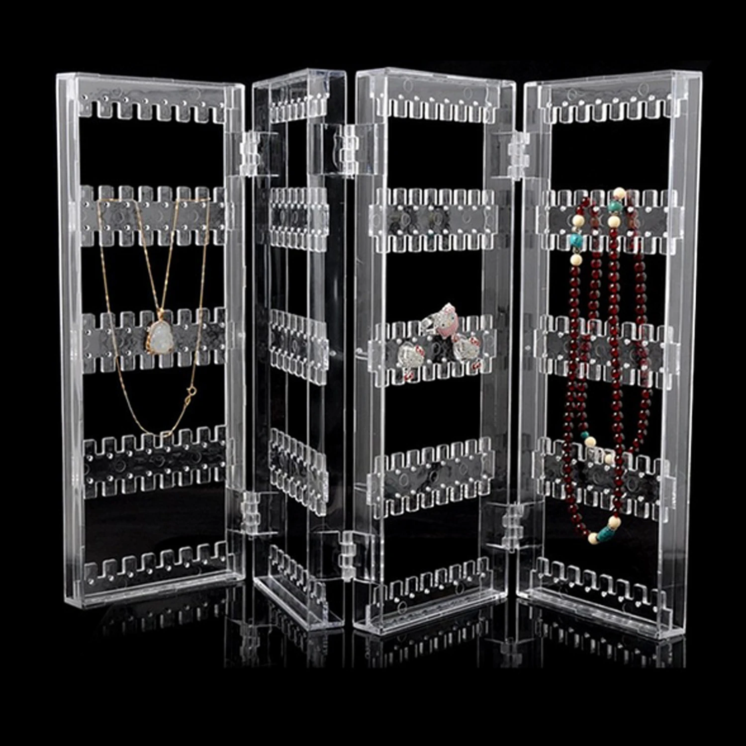

Behogar 4-Panel Foldable Transparent Acrylic Jewellery Display Stand Rack Holder Organizer for Earrings Studs Necklace Bracelet