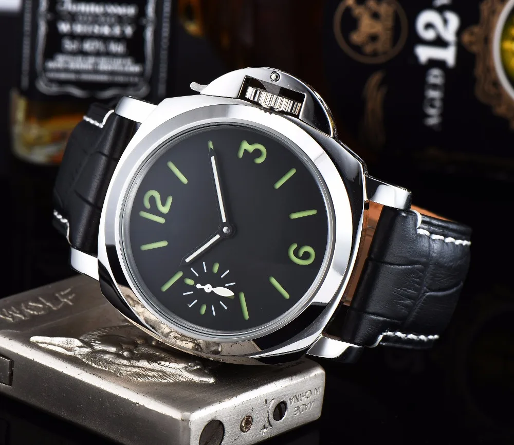 PARNIS 44 ملليمتر ساعة أنيقة للرجال مع الأسود الهاتفي حاوية من الفولاذ المقاوم للصدأ جلدية حزام اليد الرياح الميكانيكية ووتش P80-6