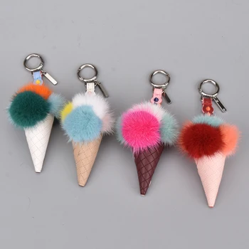 

Mink Fur Ice Cream Bag Bugs Charm Keyring Charm Car Phone Key Ring Pendant Pom Pom Keychain Fur Keychain