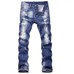 Модные рваные джинсы Для мужчин патч нищий брюки карманов джинсы Для мужчин s джинсовые штаны Прямые новые джинсы для Для мужчин потертой