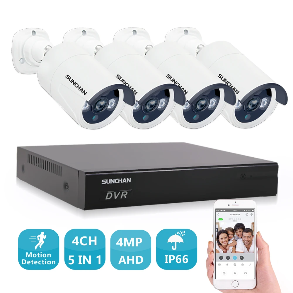 

SUNCHAN 4MP AHD Home Security Camera System 4CH 4 Outdoor Surveillance Camera 2592x1520 3 LEDs Array High Quality Day/Night View