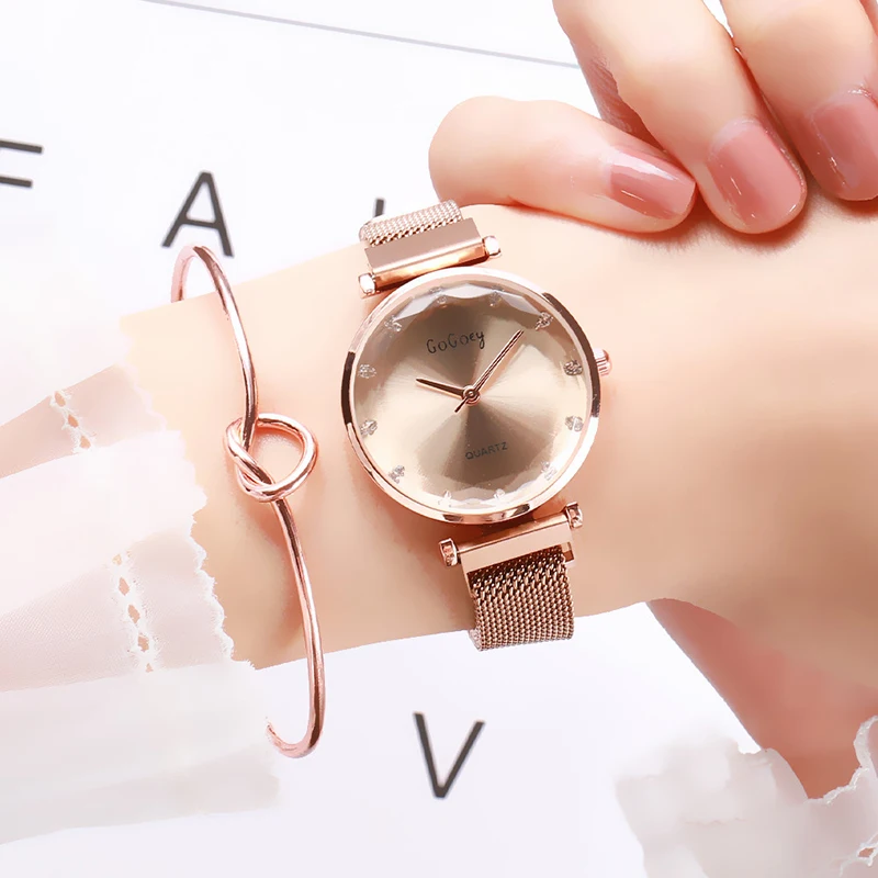 Top Brand Popular Watches For Women Rose Gold Mesh Magnet Buckle Quartz Watch Geometric Surface Casual Women Quartz Wristwatch