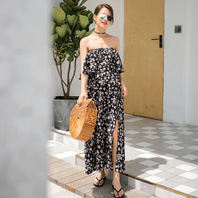 GRRCOSY Chiffon Small Daisy Maternity Pregnancy Long Dress Shoulderless Bohemian Pleated Fashion Sexy Dress For Pregnant Women