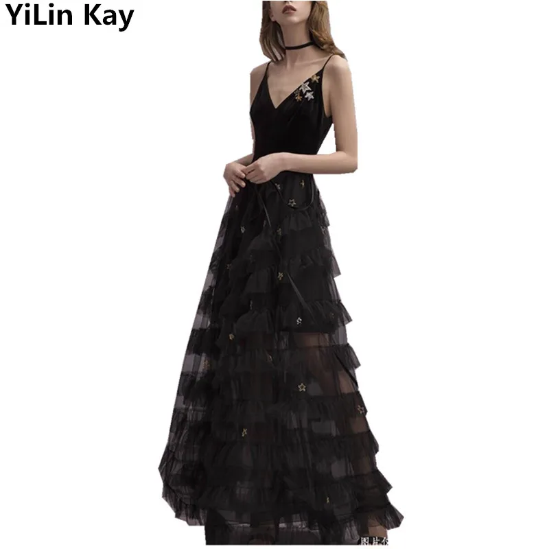 

Multi-Storey Women Party Long Dress 2019 Summer Black Velvet Patchwork Mesh Sequined Spaghetti Strap Sexy V NeckCake Dresses