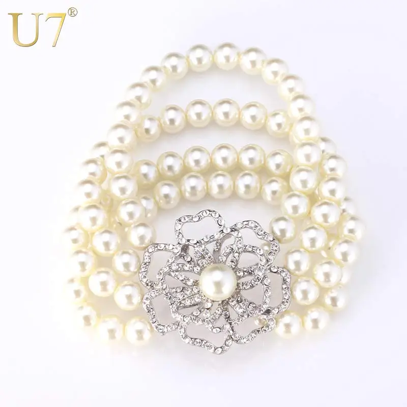 U7 Multi layer White Women Pearl Bracelet Pearl Fashion Jewelry