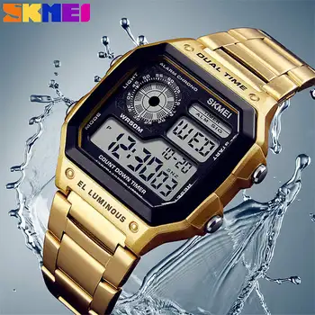 

SKMEI Men Sports Watches Count Down Swim Waterproof Watch Stainless Steel Fashion Digital Wristwatches Male Clock Diving Relogio