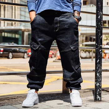 

Punk Style Multi Pocket Loose Black Jeans For Men Hip Hop Baggy Jeans Homme Men's Biker Denim Trousers Plus Size 30-40 42 44 46