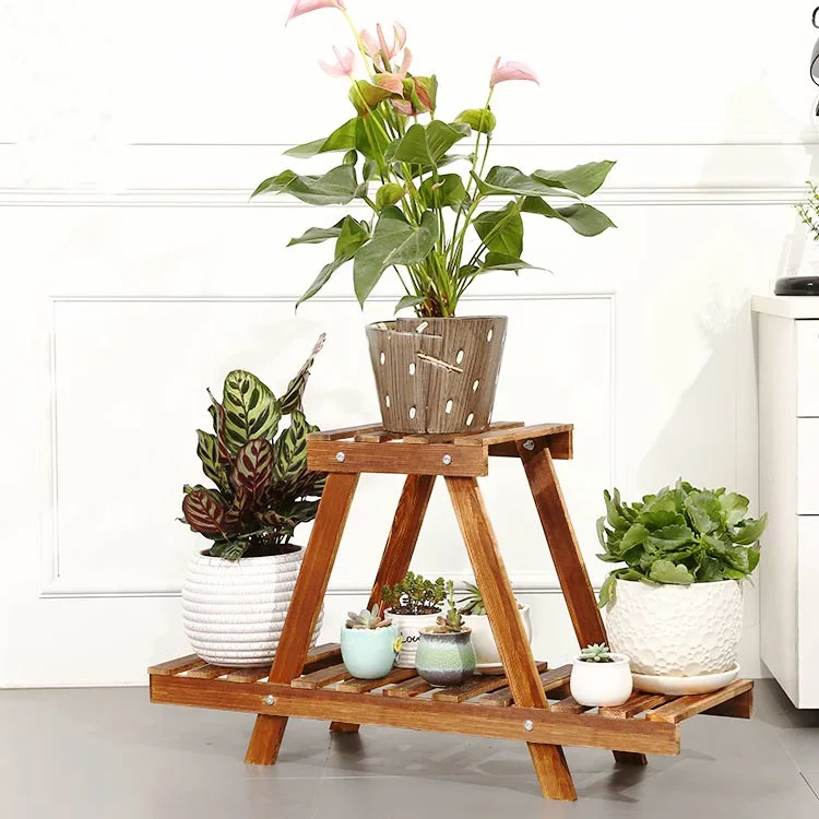 Sitting Room Plant Rack Stand Wooden Flower Display Stands 2 Tier