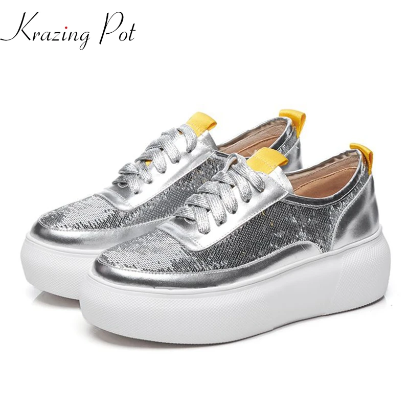 

Krazing Pot 2019 genuine leather bling sequined cloth flat platform superstar mixed color round toe lace up vulcanized shoes L15