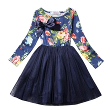 Платье с длинными рукавами и цветочным принтом для девочек; сезон осень-зима; хлопковое бальное платье для детей; праздничная одежда; детская повседневная школьная одежда
