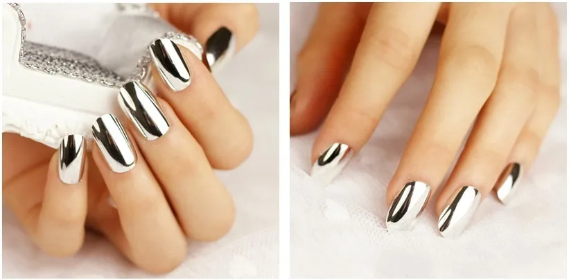 Reflective Mirror Light Soft Pink Metal Plating False French Acrylic Nail Tips Metallic Square Fake Nails Without Nail Glue
