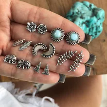 Punk Retro Buddha Elephant Flower Moon Leaves Sun Stud Earring Retro Silver Women Party Clothing Jewelry 7Pairs /Set Punk Retro Buddha Elephant Flower Moon Leaves Sun Stud Earring Retro Silver Women Party Clothing Jewelry 7Pairs /Set